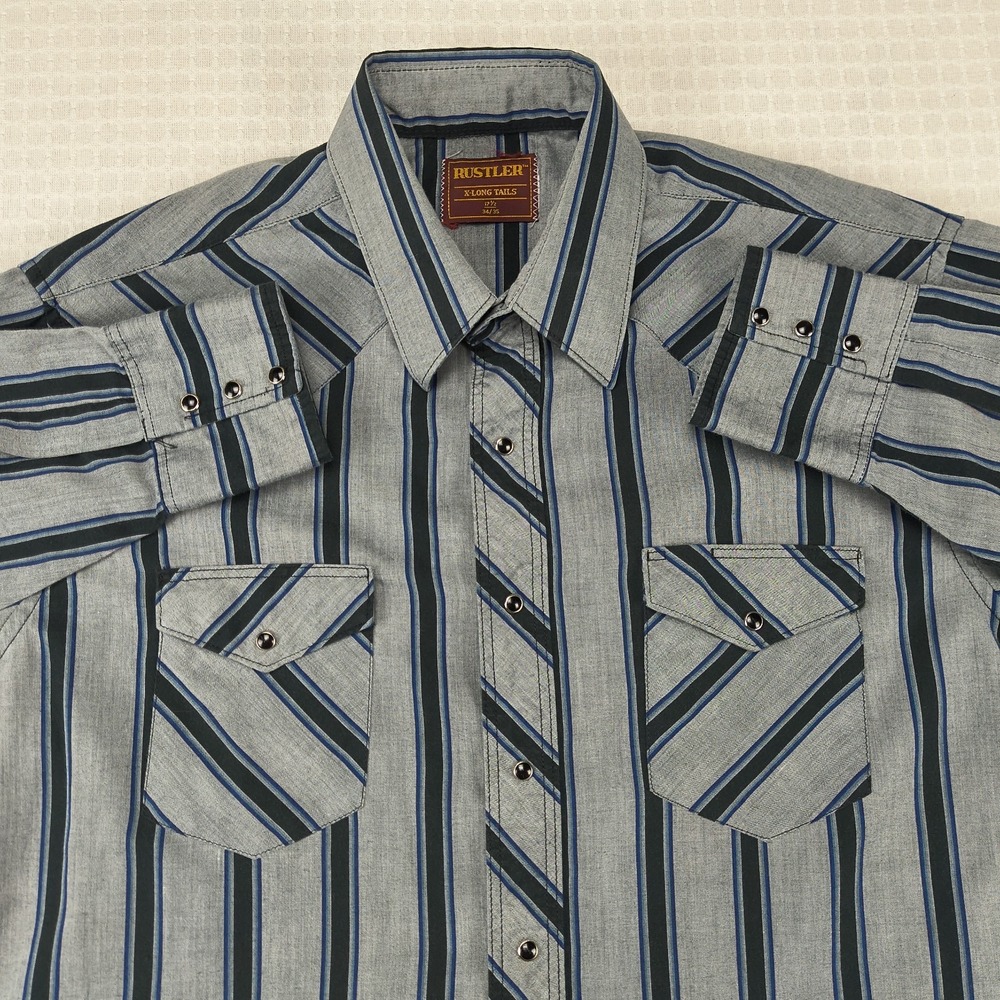 Rustler Mens XL Long Tails Western Pearl Snap Shirt Gray Blue Striped 17.5 34/35